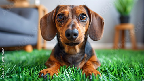 Cute dachshund dog with big expressive eyes lying on green artificial grass indoors, with a blurred background of a cozy room. photo