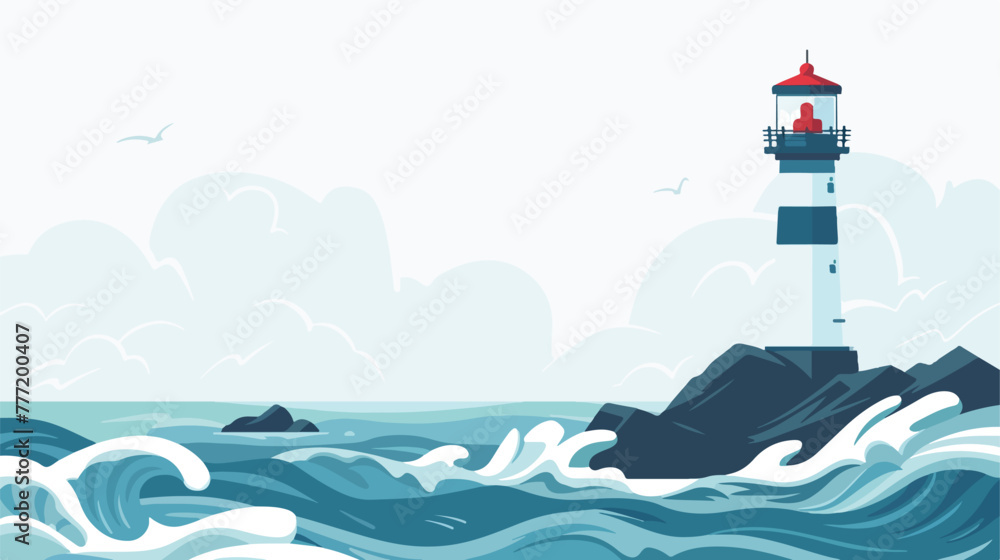 Stormy sea with tall lighthouse With copyspace