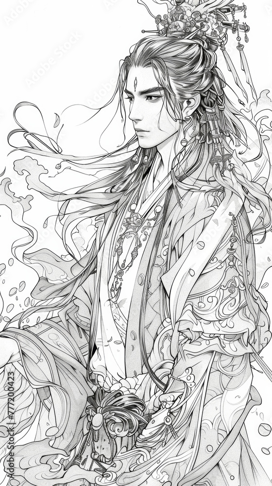 Fototapeta premium Asian inspired male immortal character, black and white line art.