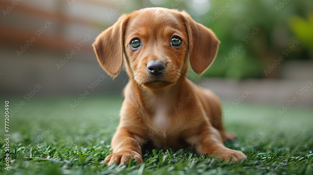 Adorable brown dachshund puppy with big expressive eyes lying on a lush green lawn, looking directly at the camera with a soft, blurred background.