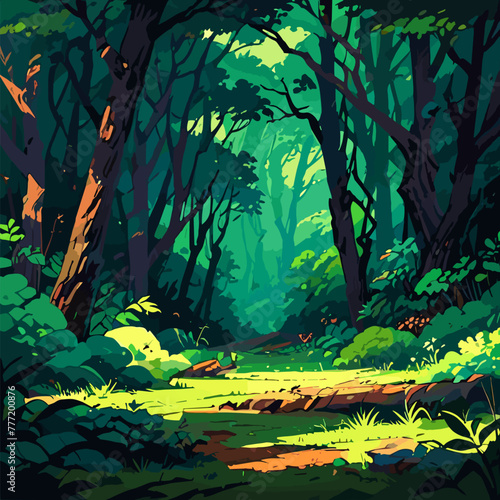 A vector graphic featuring a forest as the background