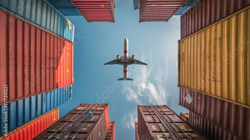 Picture taken from an upward angle Airplanes flying over overseas shipping containers Logistics supply chain management and international product export concept.