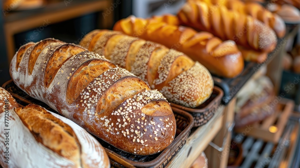 A variety of breads are displayed on a counter, including some with seeds and others with a spiral shape