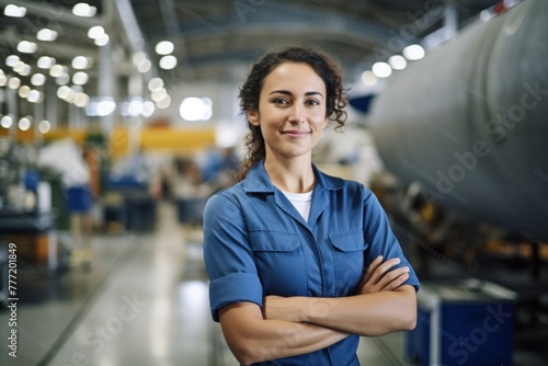 young female worker in airplane hangar