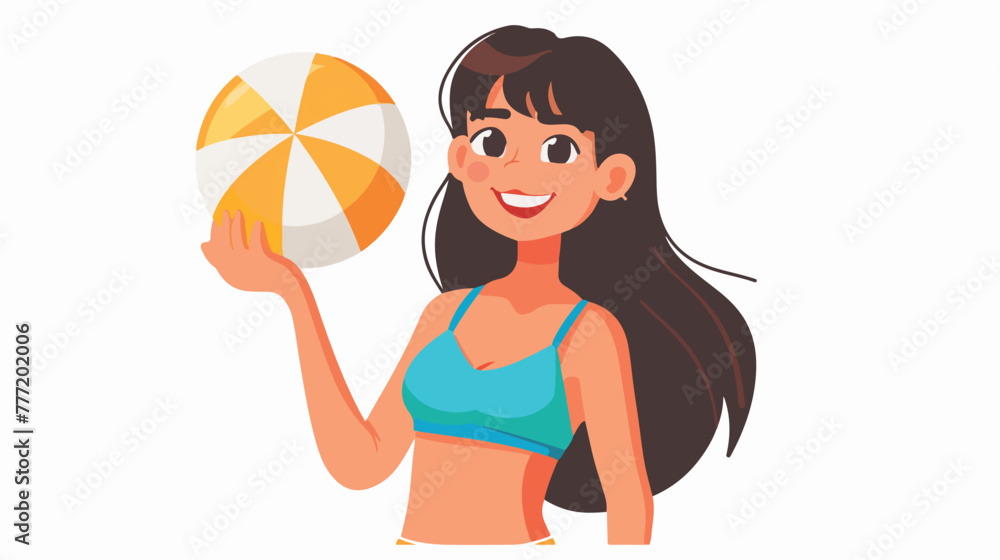 Cartoon happy girl holding a beach ball flat vector isolated