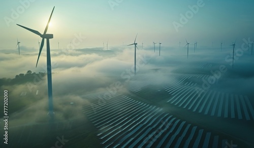 Sustainable Energy Landscape Wind Turbines and Solar Panels in the Morning Fog with Sun Rising Background