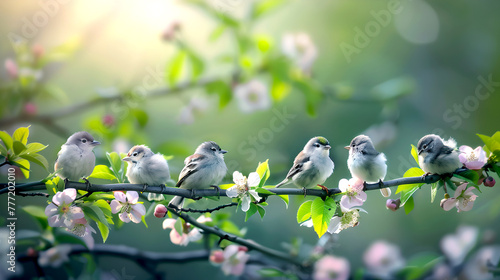 Serene nature scene with small birds perched on a blossoming tree branch. Idyllic springtime backdrop illustrating tranquility. Perfect for environmental themes. AI