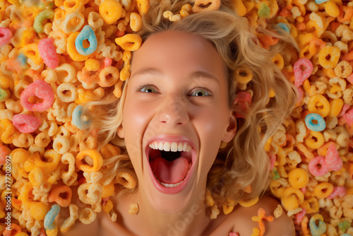 Smiling young woman lying covered in a pile of colorful breakfast cereal rings