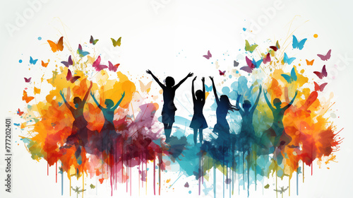 Energetic Children Playing with a Splatter of Vibrant Colors and Butterflies Background