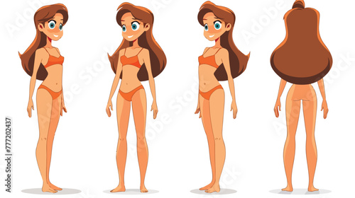 Cartoon happy girl in a swimsuit flat vector isolated