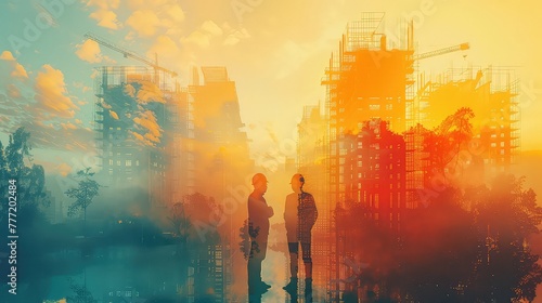 Businesspeople's silhouettes against a light backdrop create a creative metropolitan skyline. Collaboration, alliance, and achievement idea.