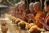 Line of Asian monks in saffron robes, praying with flowers in a ceremony.