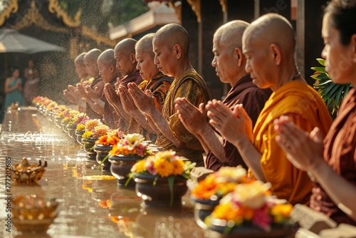 Line of Asian monks in saffron robes, praying with flowers in a ceremony. photo