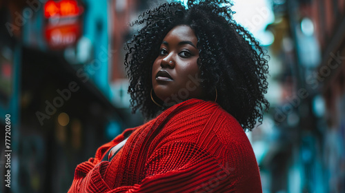 Large woman rapper wears a dark and edgy hip-hop outfit, including a big knit sweater