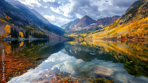 Tranquil lake nestled between towering mountains, reflecting the colorful autumn foliage.