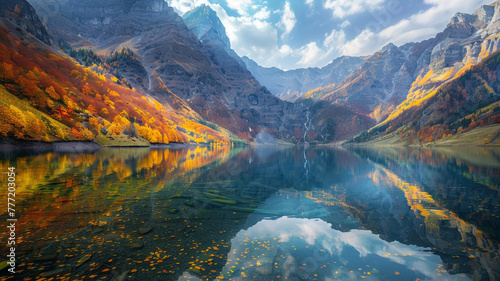 Tranquil lake nestled between towering mountains, reflecting the colorful autumn foliage.