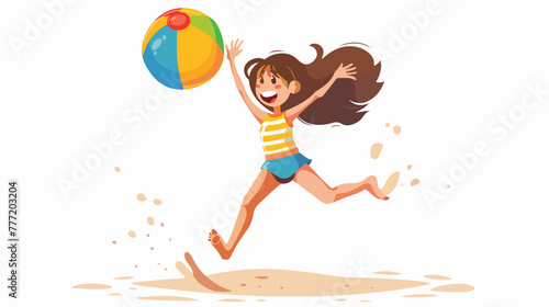 Cartoon happy girl playing beach ball flat vector isolated