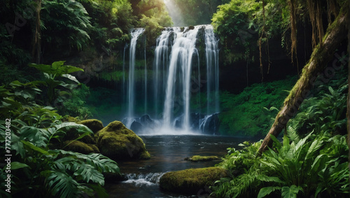 A secluded waterfall surrounded by lush greenery