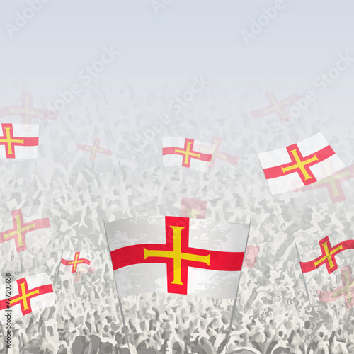 Crowd of people waving flag of Guernsey square graphic for social media and news.