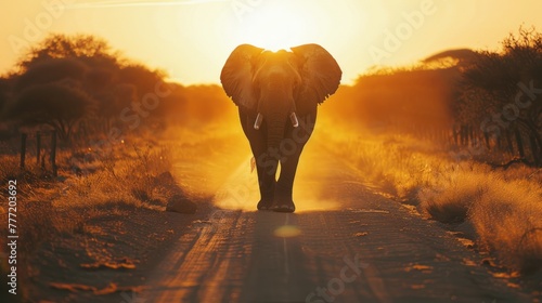 an Elephant walking in a meadow with the Sun from behind.AI generated image © Daisha