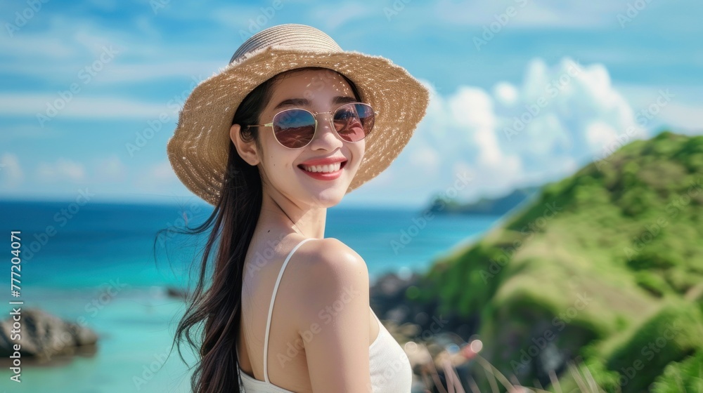 Smiling woman wearing season hat and sunglasses posing with scenery background .AI generated image