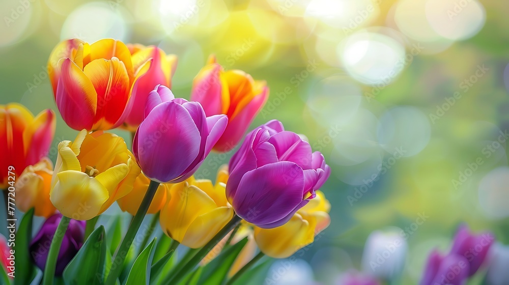 bunch of fresh yellow purple and red tulips over garden background