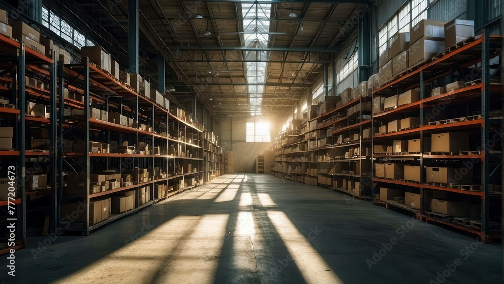 Warehouse interior with sunlight streaming in