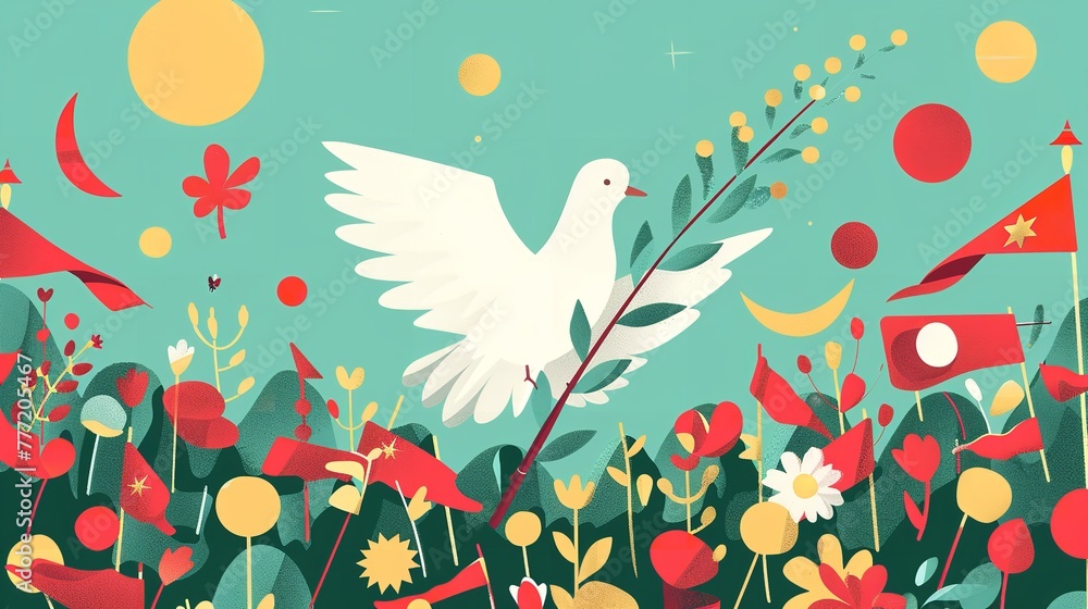 Illustration of a dove flying with olive leaves a concept of Labor Day with a big space for text or product a banner backdrop, Generative AI.