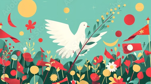 Illustration of a dove flying with olive leaves a concept of Labor Day with a big space for text or product a banner backdrop, Generative AI. photo