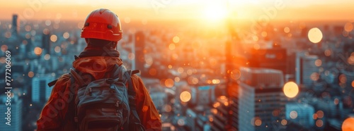 Urban Explorer Standing on Top of Skyscraper with Cityscape Background in Orange Jacket © VICHIZH