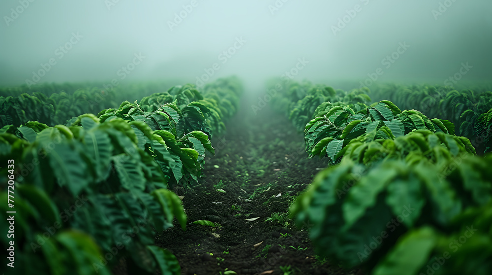 Coffee plantation rows with fresh green leaves, misty mountains in the background. Agriculture and rural landscape concept for design and print. Close-up perspective view with space for text - obrazy, fototapety, plakaty 