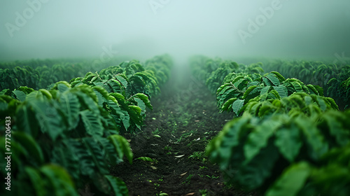 Coffee plantation rows with fresh green leaves, misty mountains in the background. Agriculture and rural landscape concept for design and print. Close-up perspective view with space for text photo