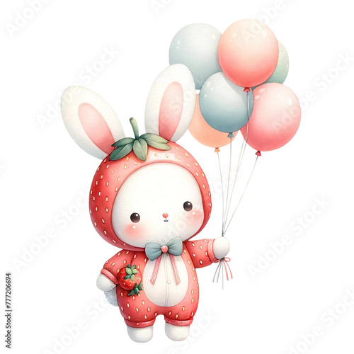 Strawberry-Themed Rabbit with Balloons Illustration
