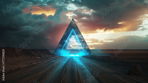 Desert road leading to a glowing triangular portal against a dramatic sky. An expansive sandy landscape opens up to a mysterious light-emitting triangle on the horizon under a stormy twilight