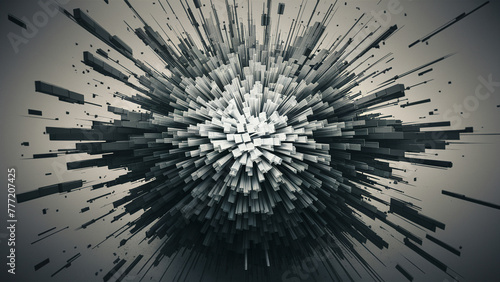 A dynamic 3D illustration depicting an abstract explosion of cubes. The cubes are presented in various different shades, leading to a sense of movement and depth. This spectacle is centered aroun...