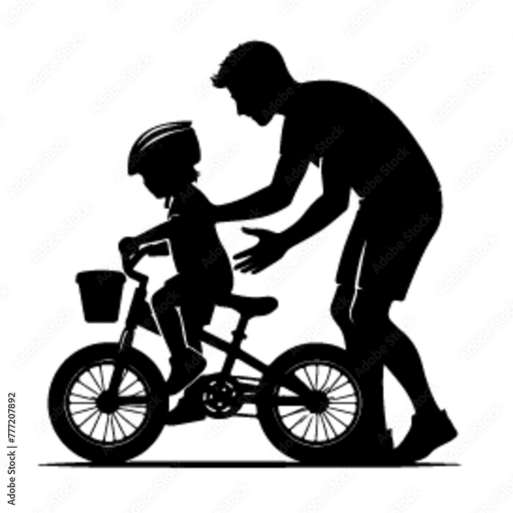 minimalist Father helps his daughter ride bike. Father teaches child ...