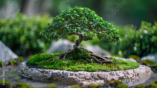Whimsical bonsai tree carefully cultivated in a miniature garden.