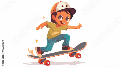 Cartoon happy little boy skateboarding flat vector isolated