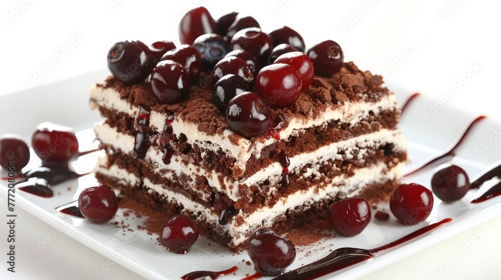 Isolated black forest cake on white background for food photography stock image concept Isolated black forest cake on white background for food photography stock image concept