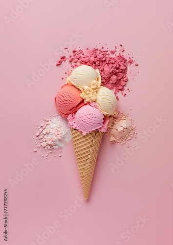 
Blush and eye shadows, crushed, in powder, summer color palette, creative make-up composition, creative fruit flavored ice cream