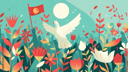 Illustration of a dove flying with olive leaves a concept of Labor Day with a big space for text or product a banner backdrop, Generative AI. photo