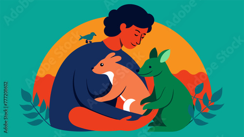 A digital art piece showing a person gently cradling a ed animal in the palm of their hand illustrating the gentle and compassionate nature of
