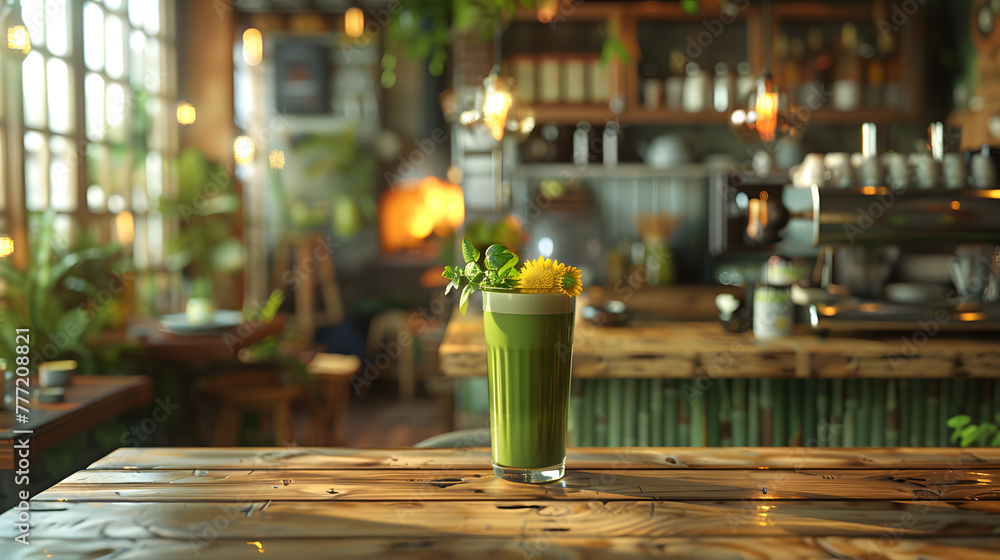 Fresh green smoothie in a glass garnished with herbs on a wooden bar counter. Healthy lifestyle and nutrition concept for design and print. Blurred background with warm ambient lighting Fresh green smoothie in a glass garnished with herbs on a wooden bar counter. Healthy lifestyle and nutrition concept for design and print. Blurred background with warm ambient lighting