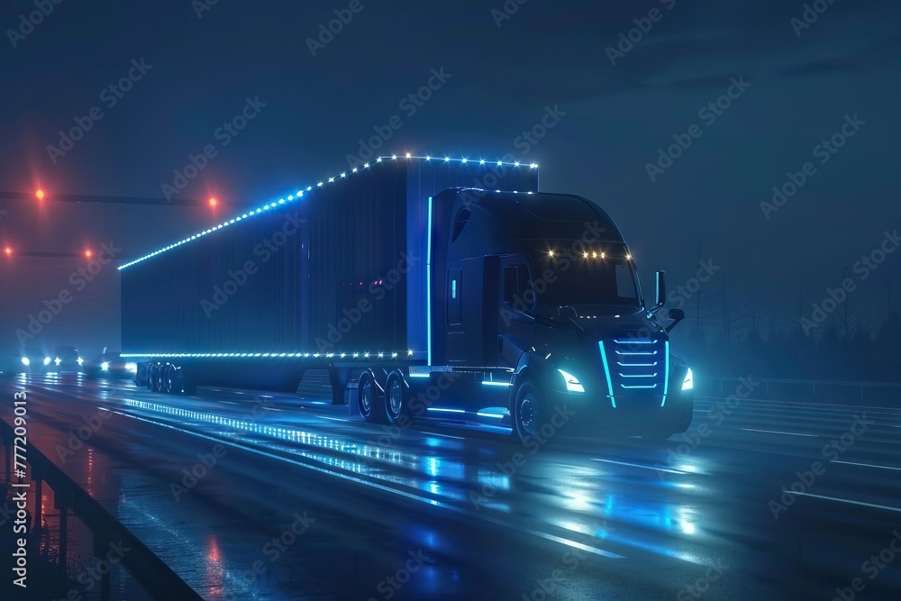 Autonomous semi truck with sensors drives on freeway at night.