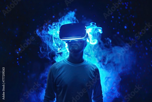 Man in VR helmet on futuristic dark background.