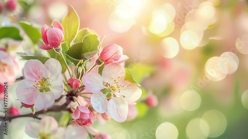 pink and white apple flowers in sunlight outdoor © Rosie
