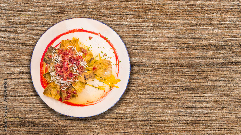 Artichokes with Gulas and Ham, Traditional Spanish Dish, Spanish Cuisine, Spanish Gastronomy, Spain, Europe Artichokes with Gulas and Ham, Traditional Spanish Dish, Spanish Cuisine, Spanish Gastronomy, Spain, Europe