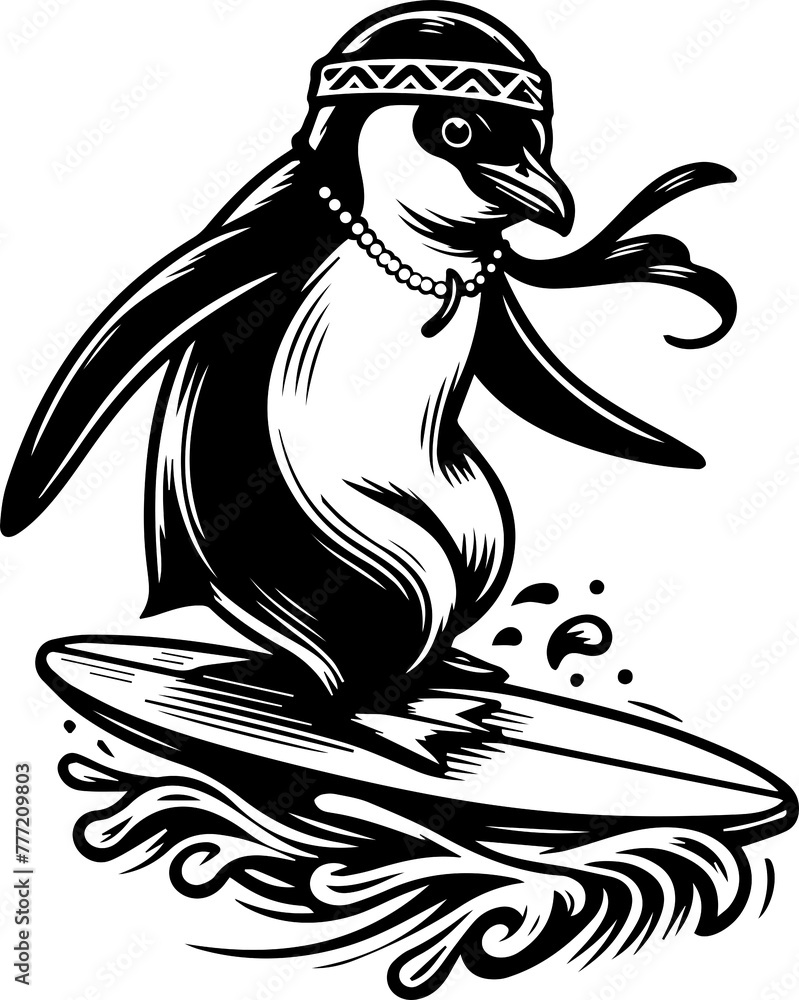 Hippie Penguin Surfing Illustration in Monochrome Style. Penguin on Surfboard: Playful Black and White Illustration. T-shirt print. Logo with penguin.