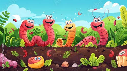 Illustration of funny earth worm characters  with a vegetable backdrop with a big space for text or product  Generative AI.