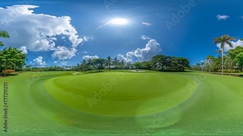 Panoramic view showcasing a beautiful golf course with lush green turf and stunning scenery.
